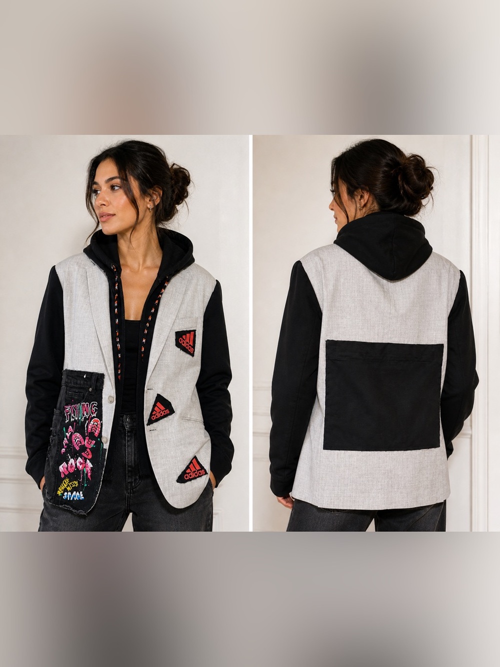 Upcycled Adidas inspired hooded and sleeved graffiti Patchwork combo Blazer
